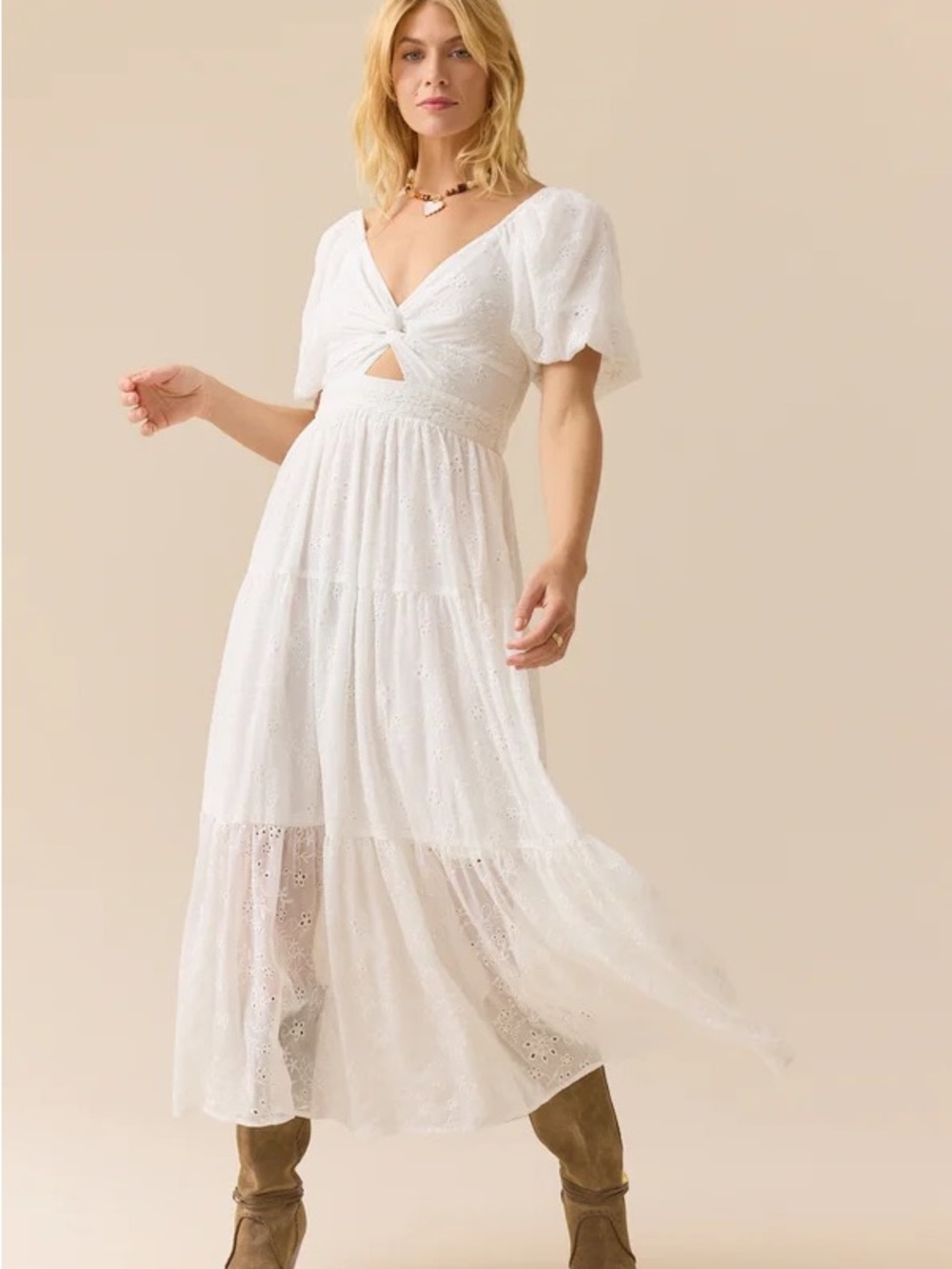 Altar’d State Daniellza Dress - Cream Puff-Sleeve Maxi Dress with Twist Front - Picture 6 of 6